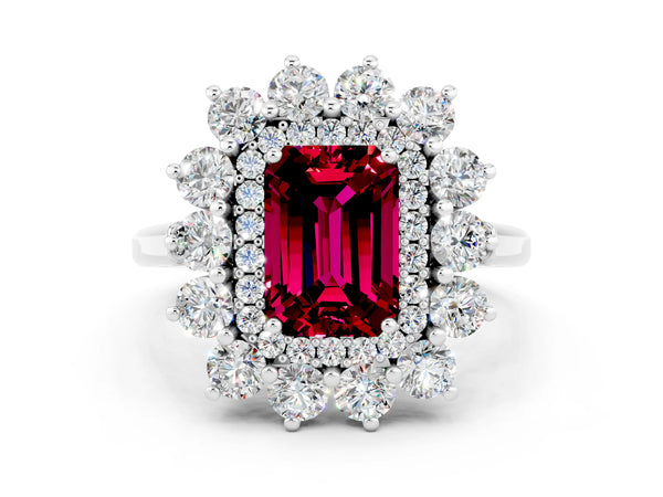 Platinum Emerald Cut Garnet Floral Double Halo Engagement Ring with Prong Setting