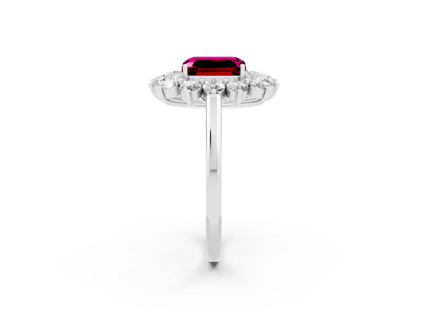 Platinum Emerald Cut Garnet Floral Double Halo Engagement Ring with Prong Setting