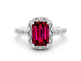 Platinum Emerald Cut Garnet Scalloped Halo Engagement Ring with Round Shared Prong Band_60