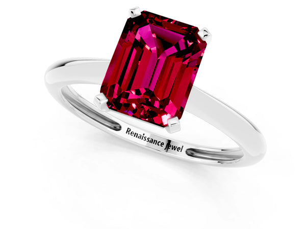 Platinum Emerald Cut Garnet Solitaire Engagement Ring with Classic Band and Four-Prong Setting
