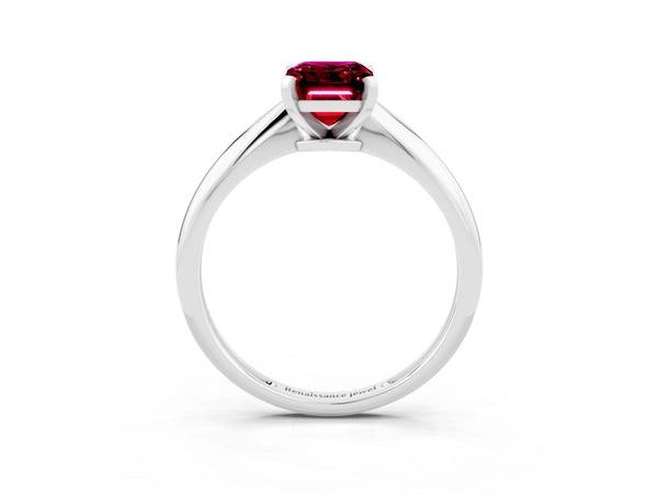 Platinum Emerald Cut Garnet Solitaire Engagement Ring with Classic Band and Four-Prong Setting