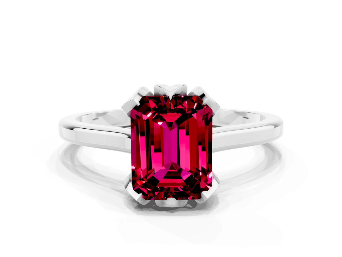 Platinum Emerald Cut Garnet Solitaire Ring with Flower Prong Setting and Classic Band
