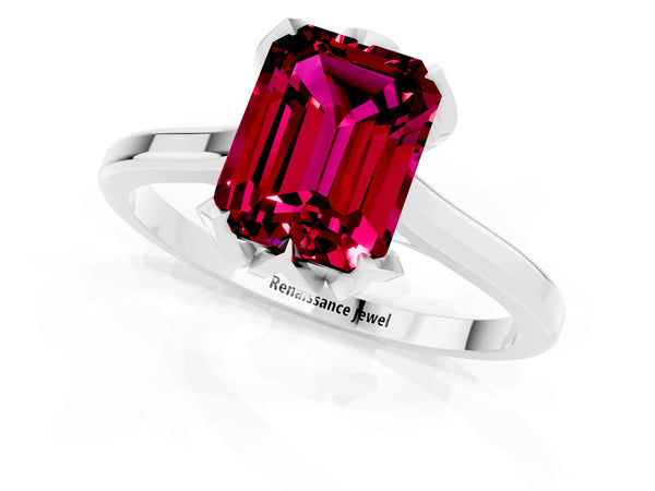 Platinum Emerald Cut Garnet Floral Solitaire Engagement Ring with Flower Prong Head and Plain Band