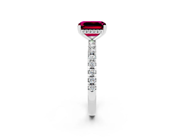 Platinum Emerald Cut Garnet Solitaire Ring with Round Pavé Band and Four-Prong Setting
