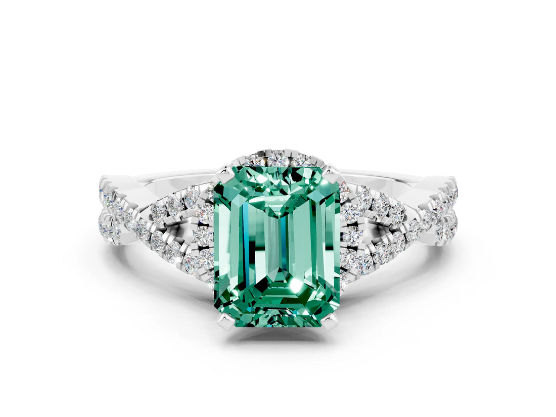 Platinum Emerald Cut Green Sapphire  Halo Twist Band Solitaire Prong Setting Ring_12