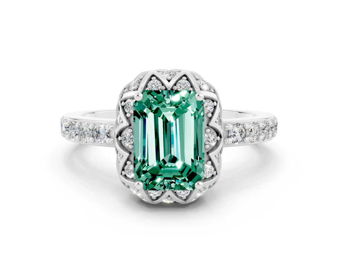 Platinum Emerald Cut Green Sapphire Scalloped Halo Engagement Ring with Round Shared Prong Band_36