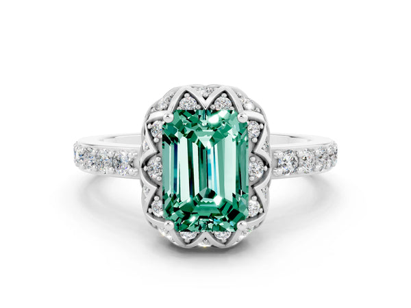 Platinum Emerald Cut Green Sapphire Scalloped Halo Engagement Ring with Round Shared Prong Band