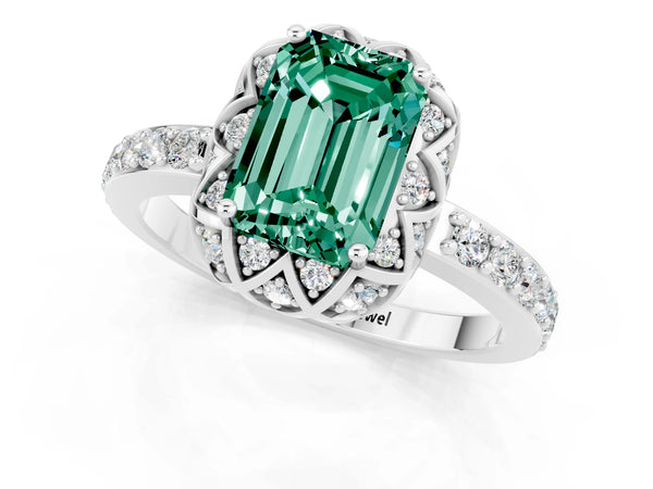 Platinum Emerald Cut Green Sapphire Scalloped Halo Engagement Ring with Round Shared Prong Band
