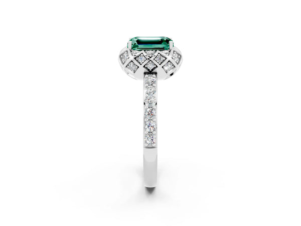Platinum Emerald Cut Green Sapphire Scalloped Halo Engagement Ring with Round Shared Prong Band