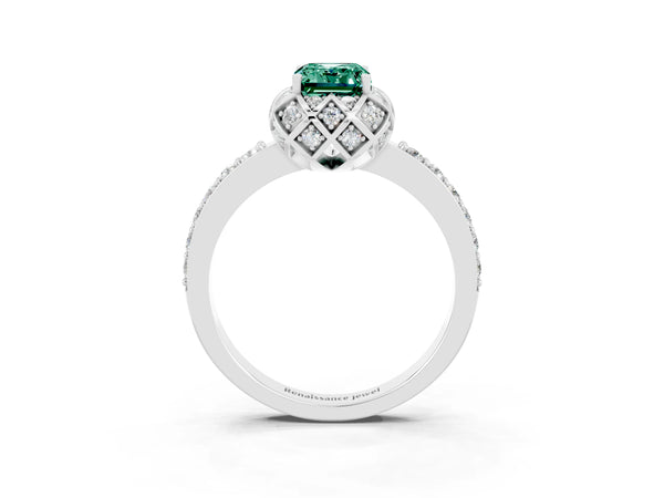 Platinum Emerald Cut Green Sapphire Scalloped Halo Engagement Ring with Round Shared Prong Band