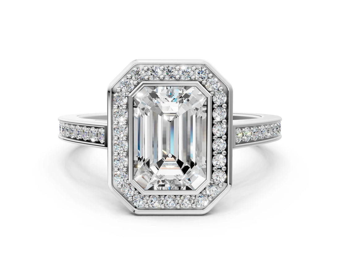 Platinum Emerald Cut Halo Bezel Diamond Pave Band Ring_13