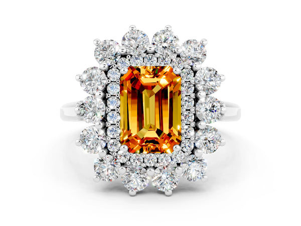 Platinum Emerald Cut Citrine Floral Double Halo Engagement Ring with Prong Setting