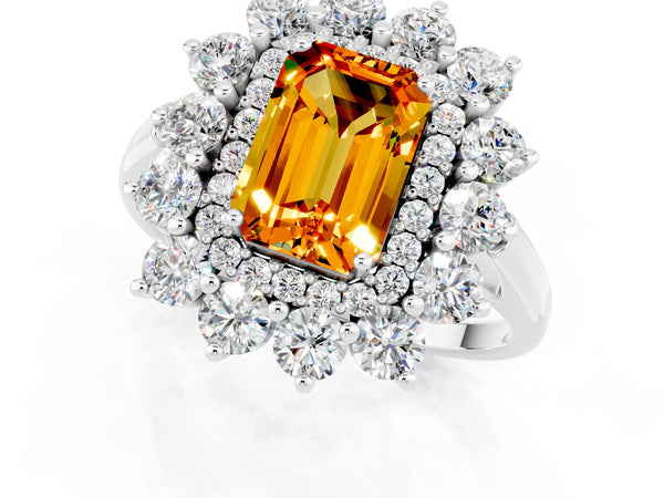 Platinum Emerald Cut Citrine Floral Double Halo Engagement Ring with Prong Setting