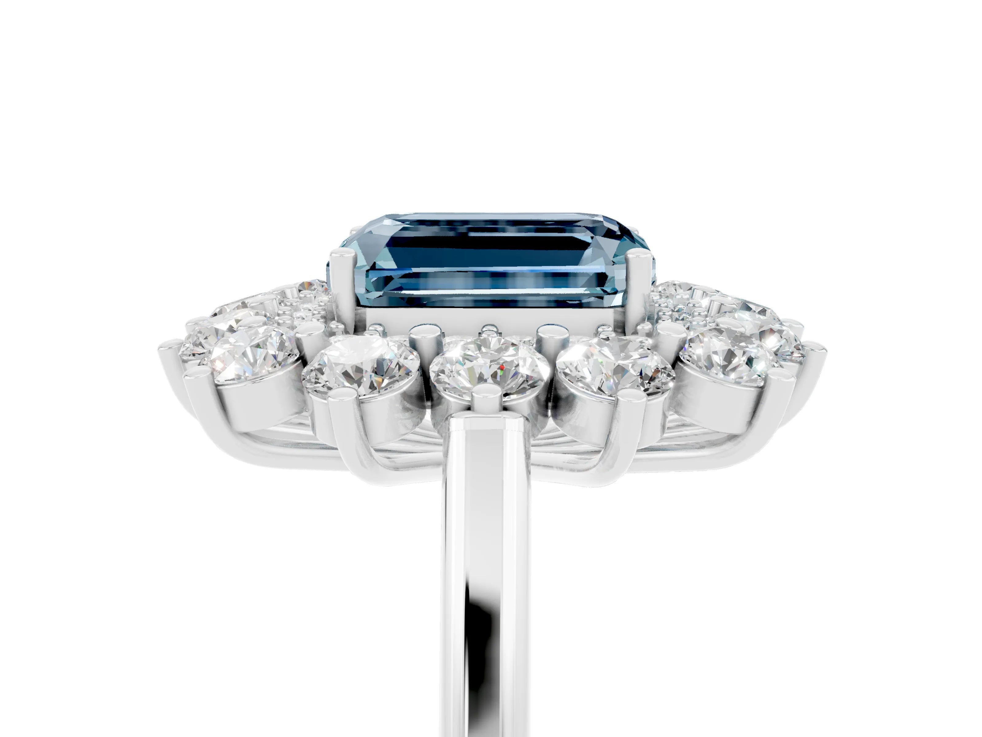 Platinum Emerald Cut Halo Cluster Diamond Ring with Pave Band and Four-Prong Setting_34