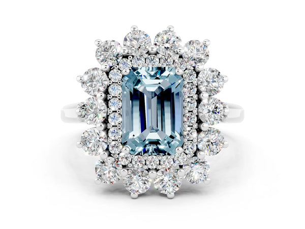 Platinum Emerald Cut Aquamarine Floral Double Halo Engagement Ring with Prong Setting
