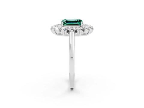 Platinum Emerald Cut Halo Cluster Diamond Ring with Pave Band and Four-Prong Setting_35