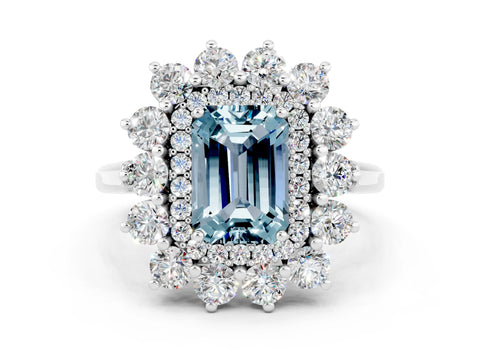 Platinum Emerald Cut Halo Cluster Diamond Ring with Pave Band and Four-Prong Setting_35