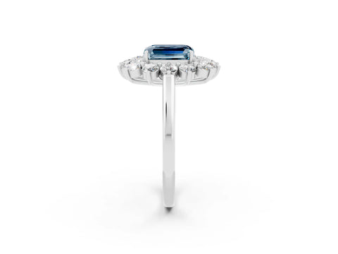 Platinum Emerald Cut Halo Cluster Diamond Ring with Pave Band and Four-Prong Setting_37