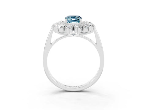 Platinum Emerald Cut Halo Cluster Diamond Ring with Pave Band and Four-Prong Setting_38