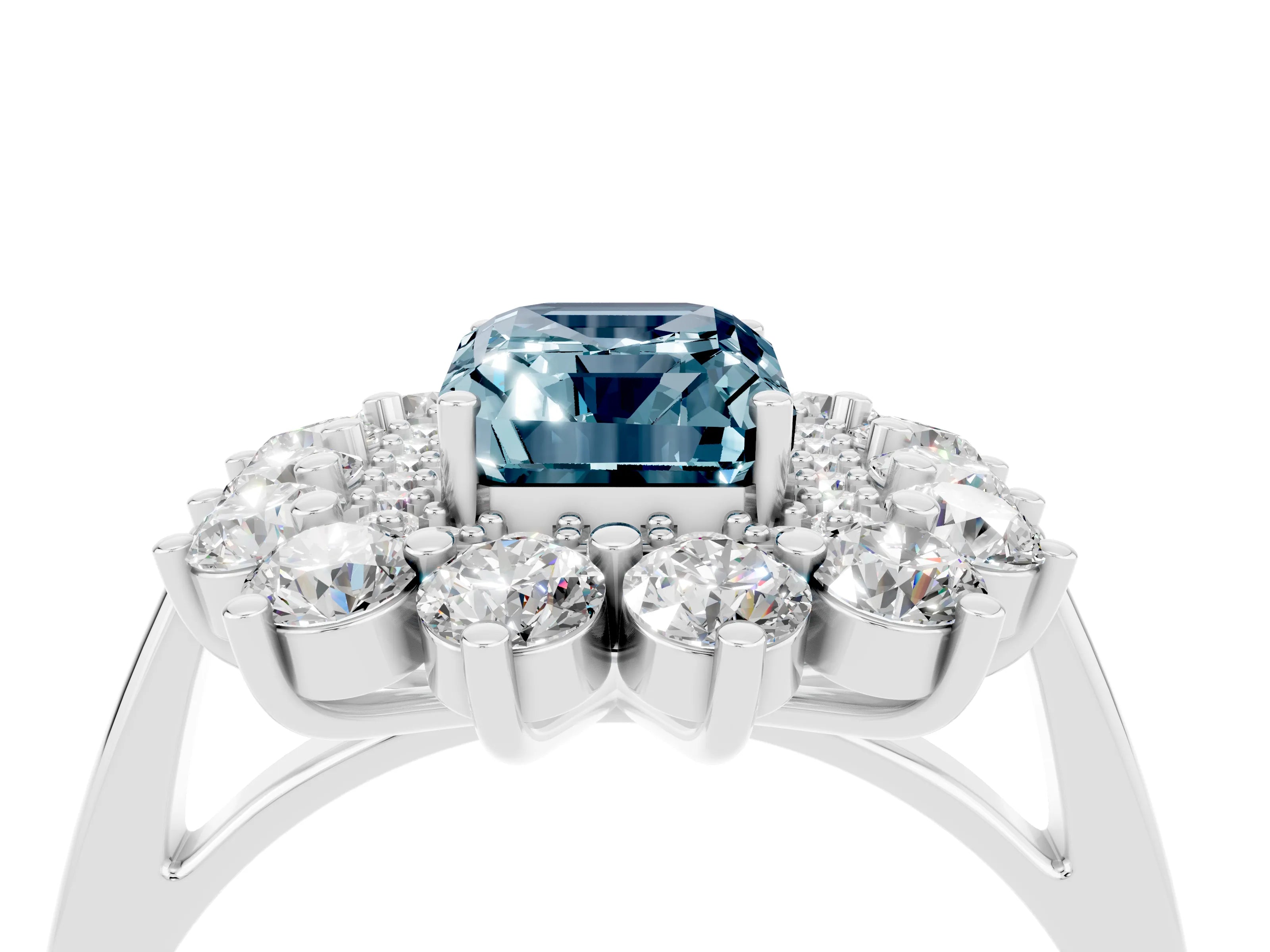 Platinum Emerald Cut Halo Cluster Diamond Ring with Pave Band and Four-Prong Setting_39