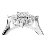 Platinum Emerald Cut Halo Diamond Cluster Ring with Marquise and Round Stones on a White Gold Band with Prong Setting_17
