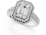 Platinum Emerald Cut Halo Diamond Ring with Beaded Split Shank and Four-Prong Setting_14