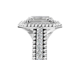 Platinum Emerald Cut Halo Diamond Ring with Beaded Split Shank and Four-Prong Setting_18