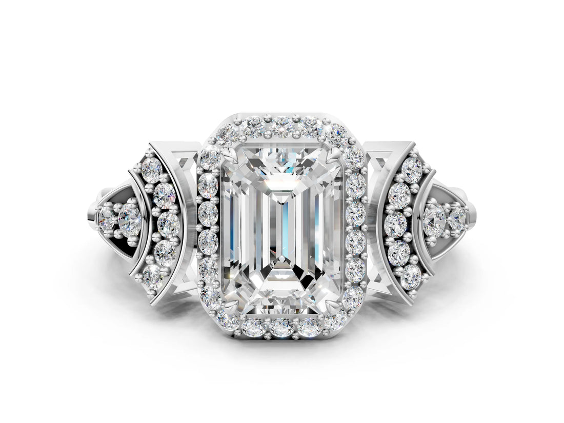 Platinum Emerald Cut Halo Diamond Split Shank Engagement Ring with Four-Prong Setting_19