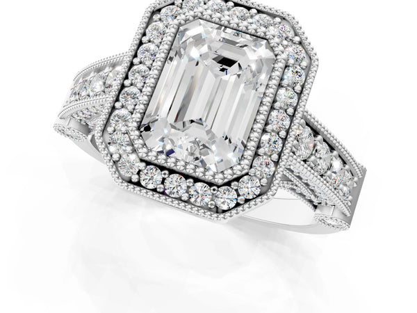 Platinum Emerald Cut Vintage Bezel Halo Engagement Ring Setting