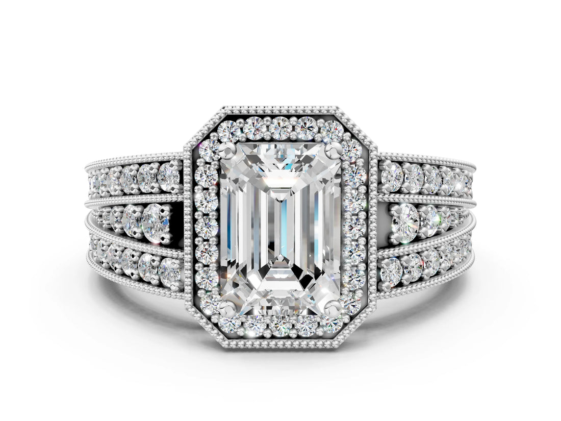 Platinum Emerald Cut Halo Diamond Split Shank Ring with Prong Setting_13