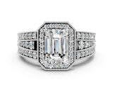 Platinum Emerald Cut Halo Diamond Split Shank Ring with Prong Setting_13