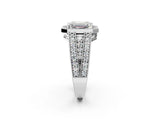 Platinum Emerald Cut Halo Diamond Split Shank Ring with Prong Setting_15