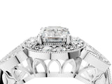 Platinum Emerald Cut Halo Milgrain Diamond Engagement Ring with Leaf Band and Four-Prong Setting_11