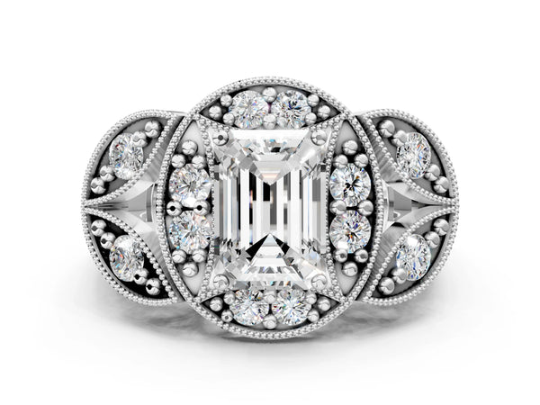 Platinum Emerald Cut Halo Milgrain Diamond Engagement Ring with Leaf Band and Four-Prong Setting