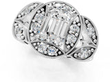 Platinum Emerald Cut Halo Milgrain Diamond Engagement Ring with Leaf Band and Four-Prong Setting_8