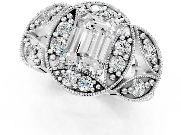 Platinum Emerald Cut Halo Milgrain Diamond Engagement Ring with Leaf Band and Four-Prong Setting
