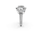 Platinum Emerald Cut Halo Milgrain Diamond Engagement Ring with Leaf Band and Four-Prong Setting_9