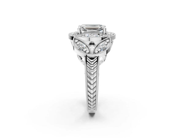 Platinum Emerald Cut Halo Milgrain Diamond Engagement Ring with Leaf Band and Four-Prong Setting