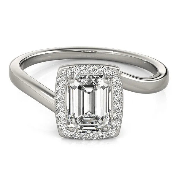 Platinum Emerald Cut Halo Solitaire Ring with Channel Band and Four-Prong Setting