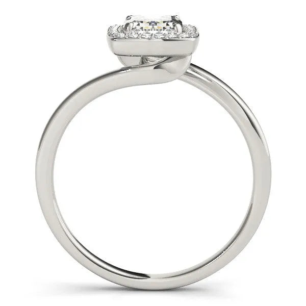 Platinum Emerald Cut Halo Solitaire Ring with Channel Band and Four-Prong Setting