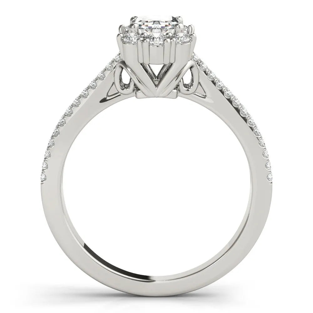 Platinum Emerald Cut Halo Split Shank Ring with Prong Setting
