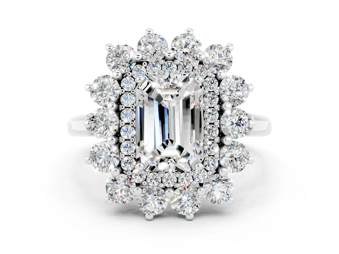 Platinum Emerald Cut Moissanite Floral Double Halo Engagement Ring with Prong Setting_138