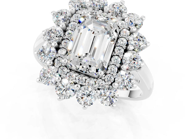 Platinum Emerald Cut Moissanite Floral Double Halo Engagement Ring with Prong Setting