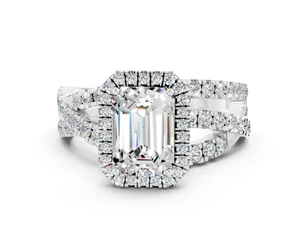 Platinum Emerald Cut Moissanite Halo Ring with Round Split Shank and Prong Setting