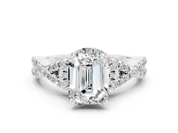 Platinum Emerald Cut Moissanite  Halo Twist Band Solitaire Prong Setting Ring