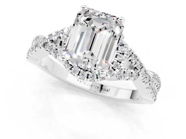 Platinum Emerald Cut Moissanite  Halo Twist Band Solitaire Prong Setting Ring