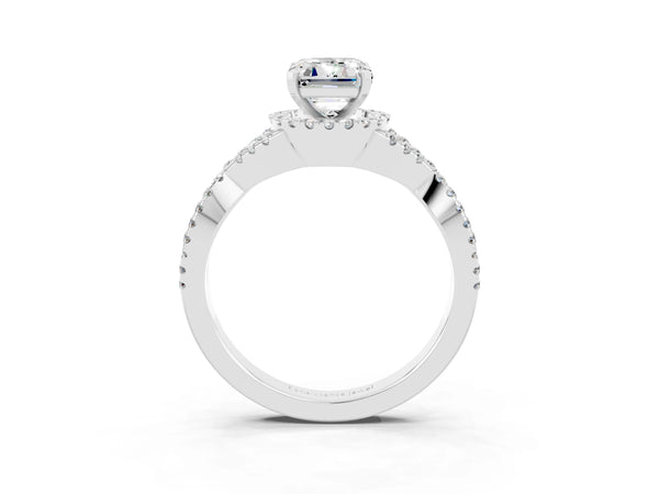 Platinum Emerald Cut Moissanite  Halo Twist Band Solitaire Prong Setting Ring