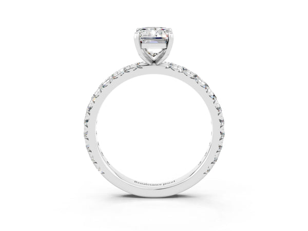 Platinum Emerald Cut Moissanite Pavé Solitaire Ring with Round Band and Prong Setting