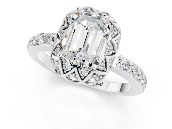 Platinum Emerald Cut Moissanite Scalloped Halo Engagement Ring with Round Shared Prong Band