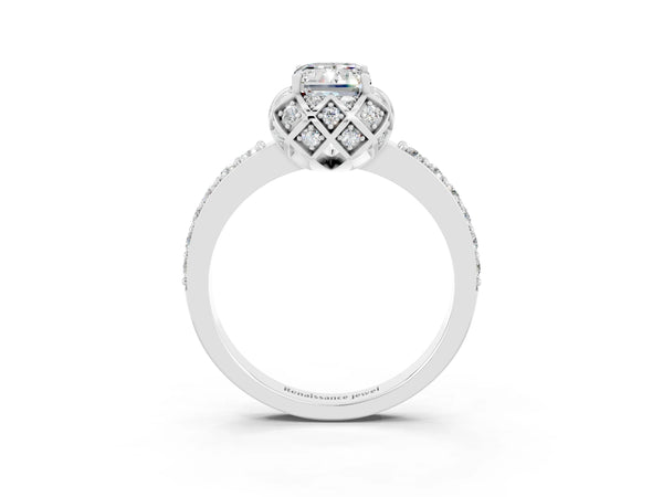 Platinum Emerald Cut Moissanite Scalloped Halo Engagement Ring with Round Shared Prong Band